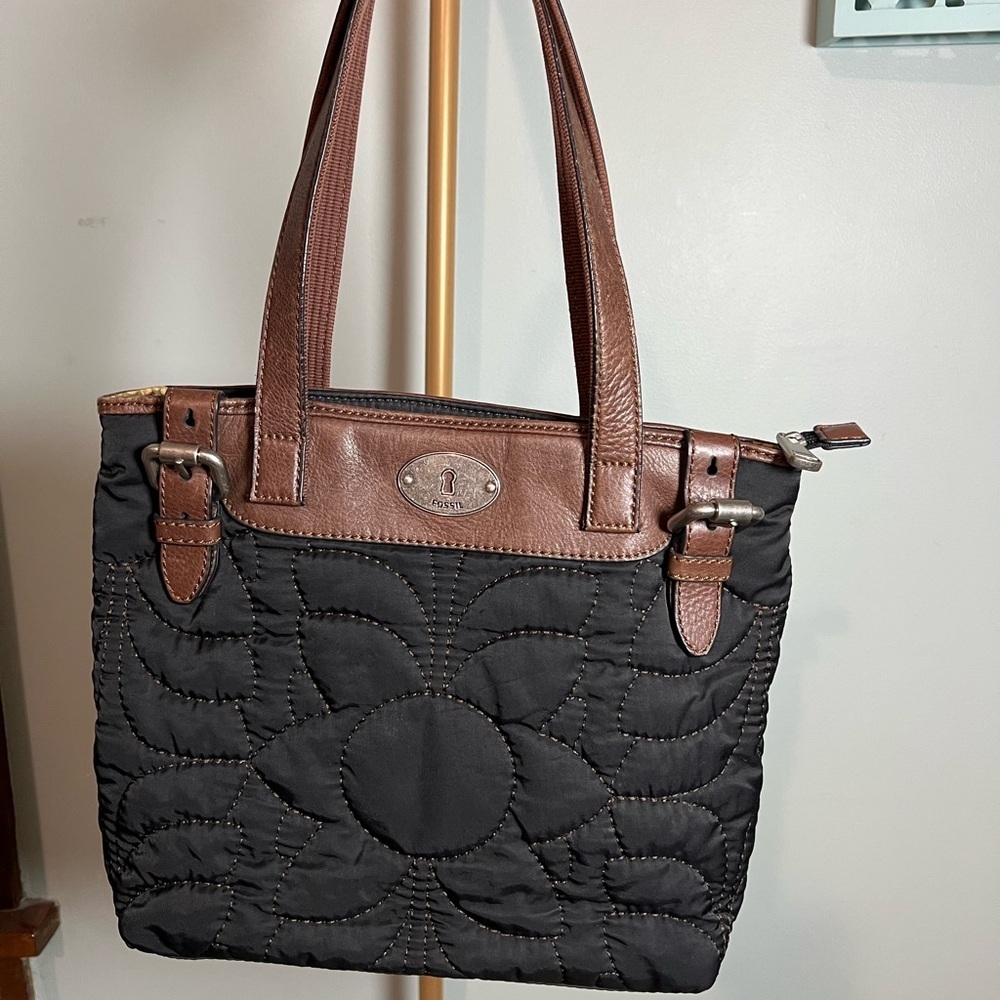 Fossil Black and Brown Quilted Tote with Leather Accents
